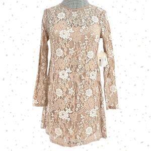 Romantic Lace Dress Boho Nude Tan Floral Long Sleeve Altar'd State Rauma Size S